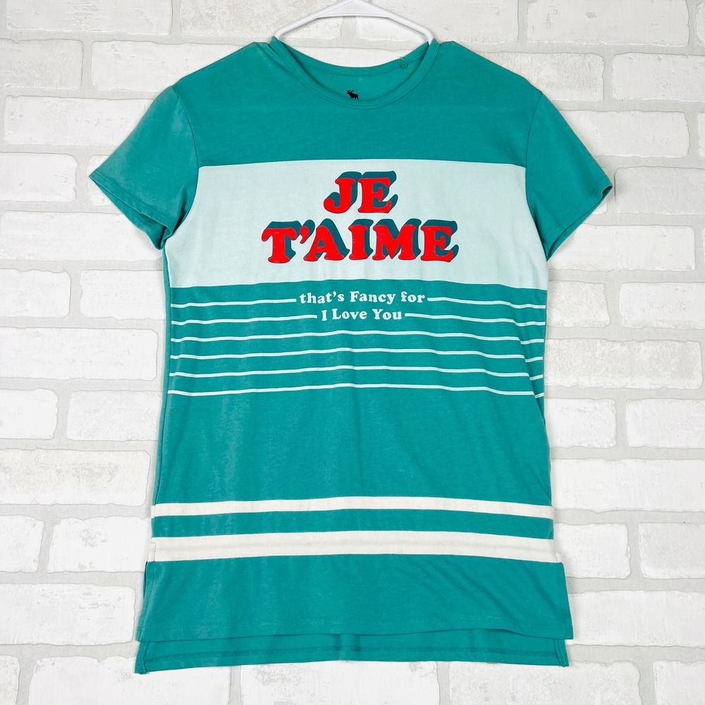 Abercrombie Kids Teal Je T'Aime Graphic Tee Short Sleeve Striped Shirt
